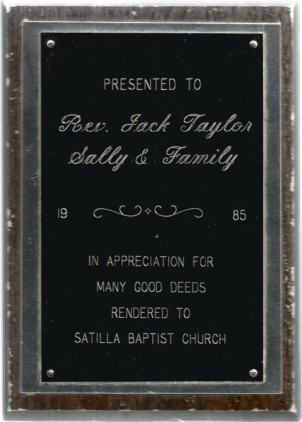 Satilla Baptist Church Plaque 1985